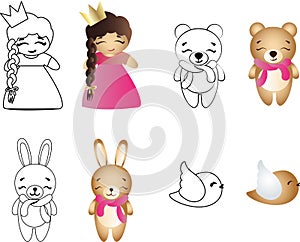 Cartoon cute toy baby girl, bear, bunny and bird