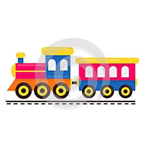 Cartoon cute train with railway carriage on rails