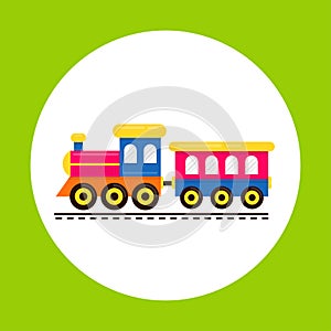 Cartoon cute train with railway carriage on rails icon