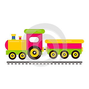 Cartoon cute train and railway carriage on rails vector