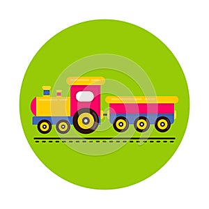 Cartoon cute train and railway carriage on rails vector icon
