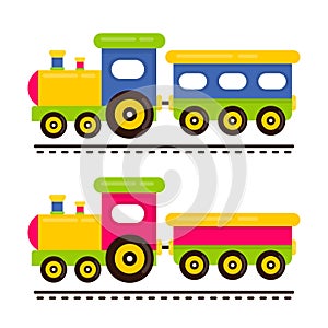 Cartoon cute train and railway carriage on rails vector set