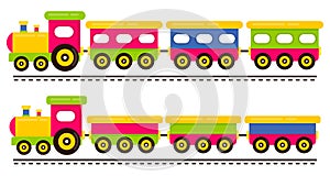 Cartoon cute train and railway wagons set on rails