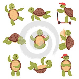 Cartoon cute turtles, funny tortoise characters. Happy little turtle swimming, sleeping or doing yoga, sea aquatics