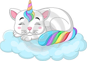 Cartoon cute unicorn cat sleeping on rainbow cloud