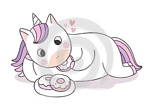 Cartoon cute Unicorn eating sweet doghnut vector.