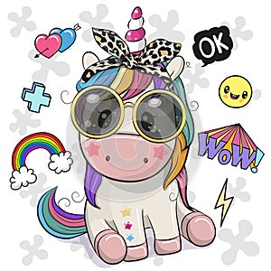 Cartoon Cute Unicorn with sun glasses