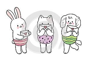 Cartoon cute Valentines day  cat and rabbit and dog and love letter vector.