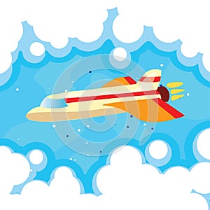 Cartoon cute vector illustration of plane in blue sky and clouds. Airplane flying in a sky, turbo plane, jet in clouds