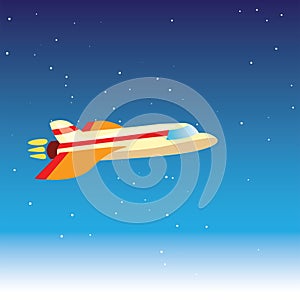 Cartoon cute vector illustration of plane in blue stratosphere, atmosphere, almost in space. Airplane flying in a sky