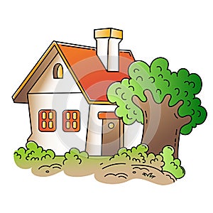 Cartoon cute village home. Country house. Summer cottage. Colorful vector illustration for kids