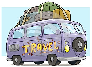 Cartoon cute violet retro van bus with luggage