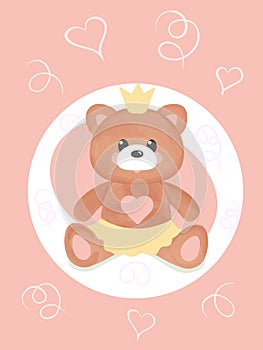 Cartoon cute watercolor teddy bear toy with a crown on a pink background. Vector illustration for a baby shower, baby