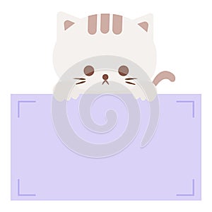 Cartoon cute white cat holding memo. Frame for photo, text, note, sticker, label. Little animal to do list card.