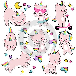Cartoon cute white cat unicorns. Funny caticorn kittens vector set