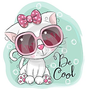 Cartoon Cute white kitten girl with sun glasses