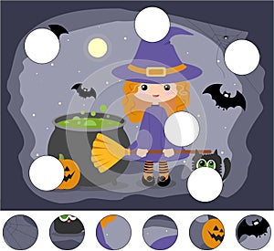 Cartoon cute witch with a pot, broom, pumpkin and black cat. Complete the puzzle and find the missing parts of the picture. Game