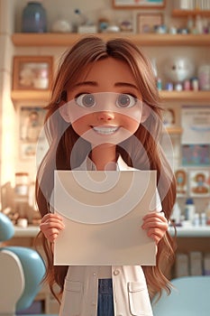 Cartoon Cute Woman Showing a Blank Poster in the Hands extreme closeup. Generative AI