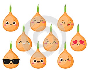 Cartoon cute yellow onion character emoji set