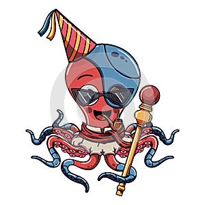 Cartoon cyborg octopus character celebrating with a birthday hat, holding a scepter and smoking a pipe. Illustration for fantasy,