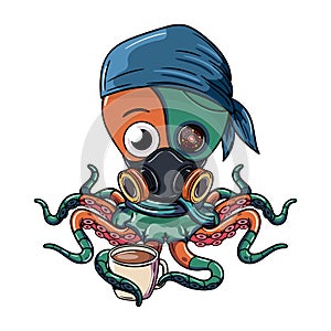 Cartoon cyborg octopus character wearing gas mask with a cup of coffee. Illustration for fantasy, science fiction and adventure