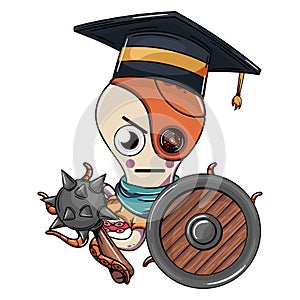 Cartoon cyborg octopus character wearing graduation cap upset with a shield and a war axe. Illustration for fantasy, science