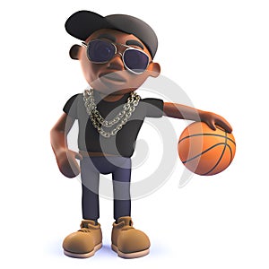 Cartoon 3d black African American hiphop rapper playing with a basketball photo