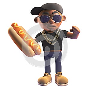 Cartoon 3d black hiphop rapper eating a hotdog, 3d illustration