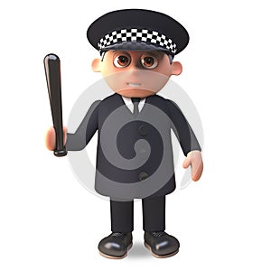 Cartoon 3d police officer on duty in uniform holding a truncheon, 3d illustration photo