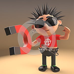 Cartoon 3d punk rocker with spikey hair plays with a magnet, 3d render photo