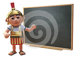 Cartoon 3d Roman legionnaire soldier teaching at a blackboard, 3d illustration