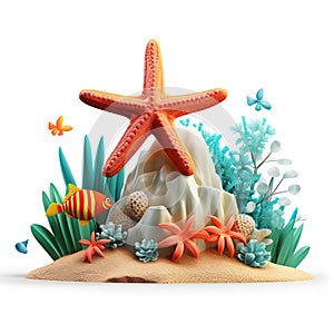 Cartoon 3d star fish on the coral reef