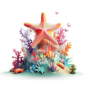 Cartoon 3d star fish on the coral reef