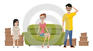 Cartoon dad daughter and mom sad sitting on the sofa surrounded by boxes