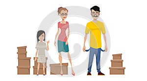 Cartoon dad with empty pockets and mom and daughter standing next to boxes