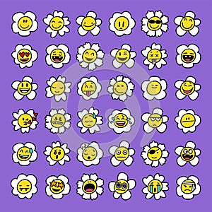 Cartoon daisy flowers. Flower retro face, smile happy chamomile characters.