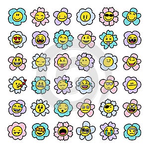 Cartoon daisy flowers. Flower retro face, smile happy chamomile characters.