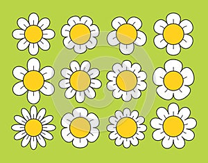Cartoon Daisy Flowers Set Isolated On Green Background. Small, Delicate Blooms With White Petals And Yellow Center