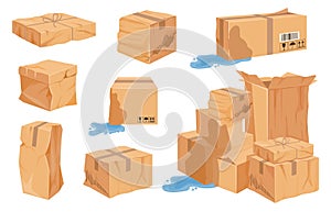 Cartoon damaged, torn and wet cardboard delivery boxes and piles. Crumpled crushed cargo carton package and parcels. Bad