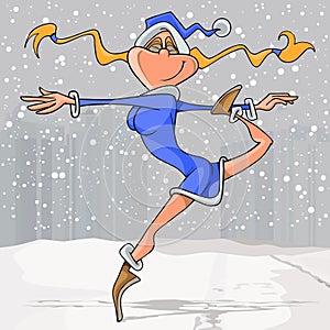 Cartoon dancing funny snow girl in winter city