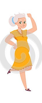 Cartoon dancing older woman. Female in yellow dress. Grandmother waving arms and legs, pensioner clubs or dancer school