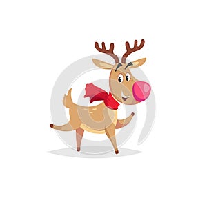Cartoon dancing or running reindeer with scarf and big red nose. Vector Christmas illustration for greeting card and invitations.