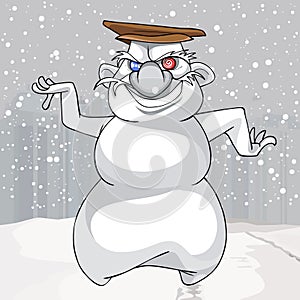 Cartoon dancing snowman with a big nose and a cap