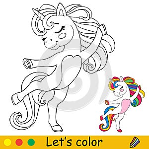 Cartoon dancing unicorn coloring book page vector