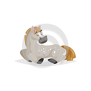 Cartoon dapple-grey horse sleep. Trendy flat design with simple gradient farm animal rest. Kid education vector illustration