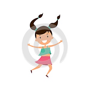Cartoon dark-haired girl with pigtails is jumping.