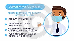 Cartoon dark skin man in an office suit points to a list of recommendations for protection against coronavirus.