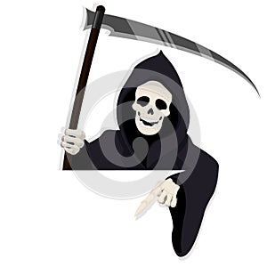 Cartoon Death Character for Halloween Asset Pointing Down Behind Paper