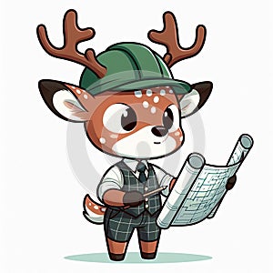 Cartoon Deer Architect Studying a Design