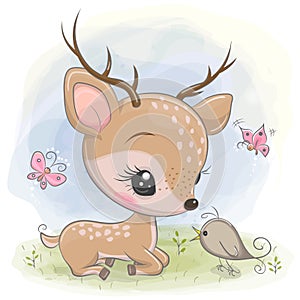 Cartoon deer with bird on the meadow